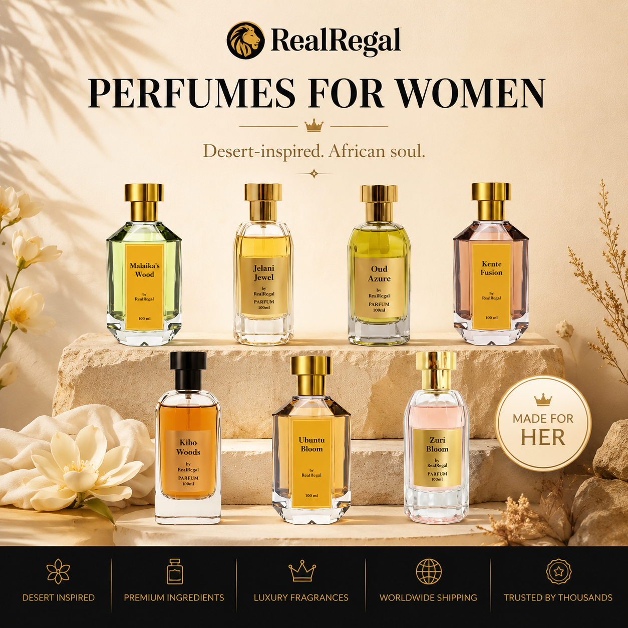 luxury perfumes for women by RealRegal African inspired floral and oud fragrances USA