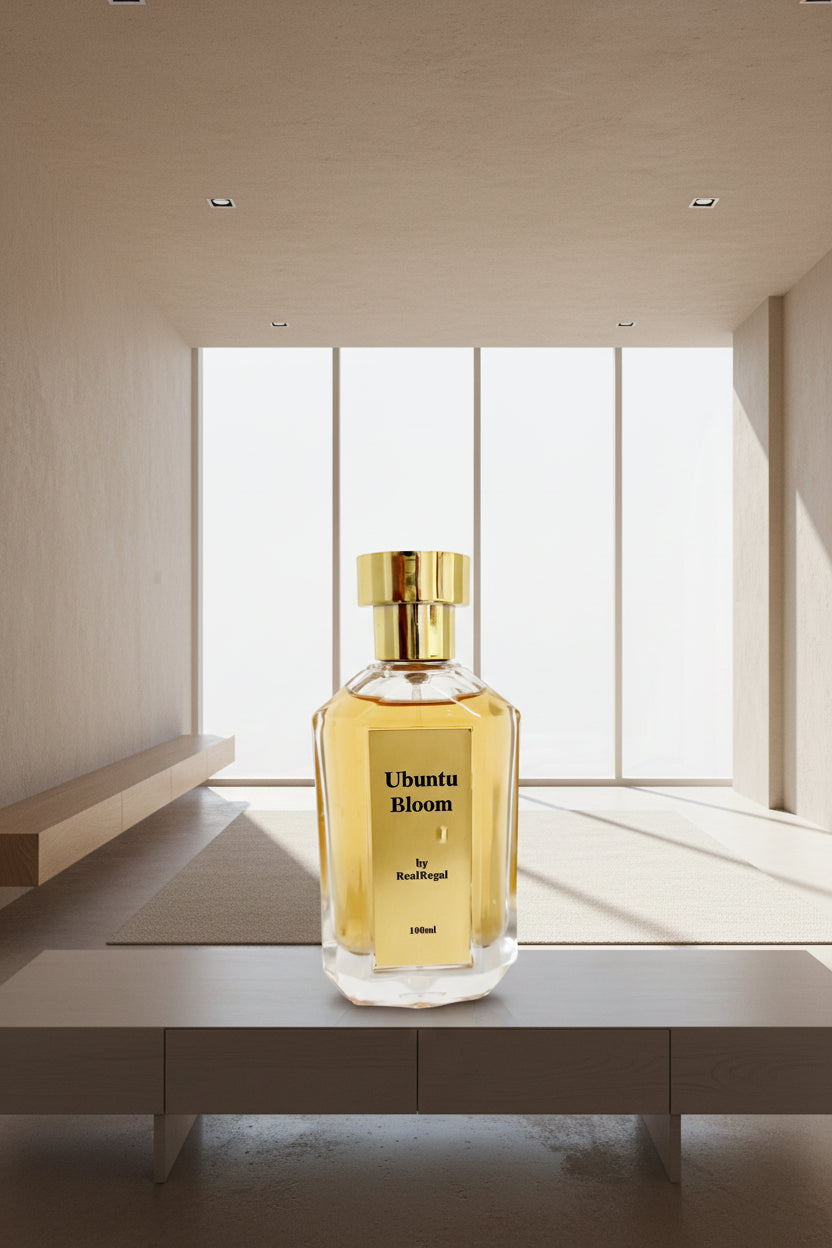Ubuntu Bloom luxury Extrait de Parfum bottle — Lavender, sandalwood, African Violet and Patchouli fragrance by RealRegal Perfumes USA